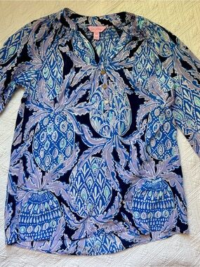 Lilly Pulitzer Elsa Silk Blouse Lavender Coco Safari Pineapples